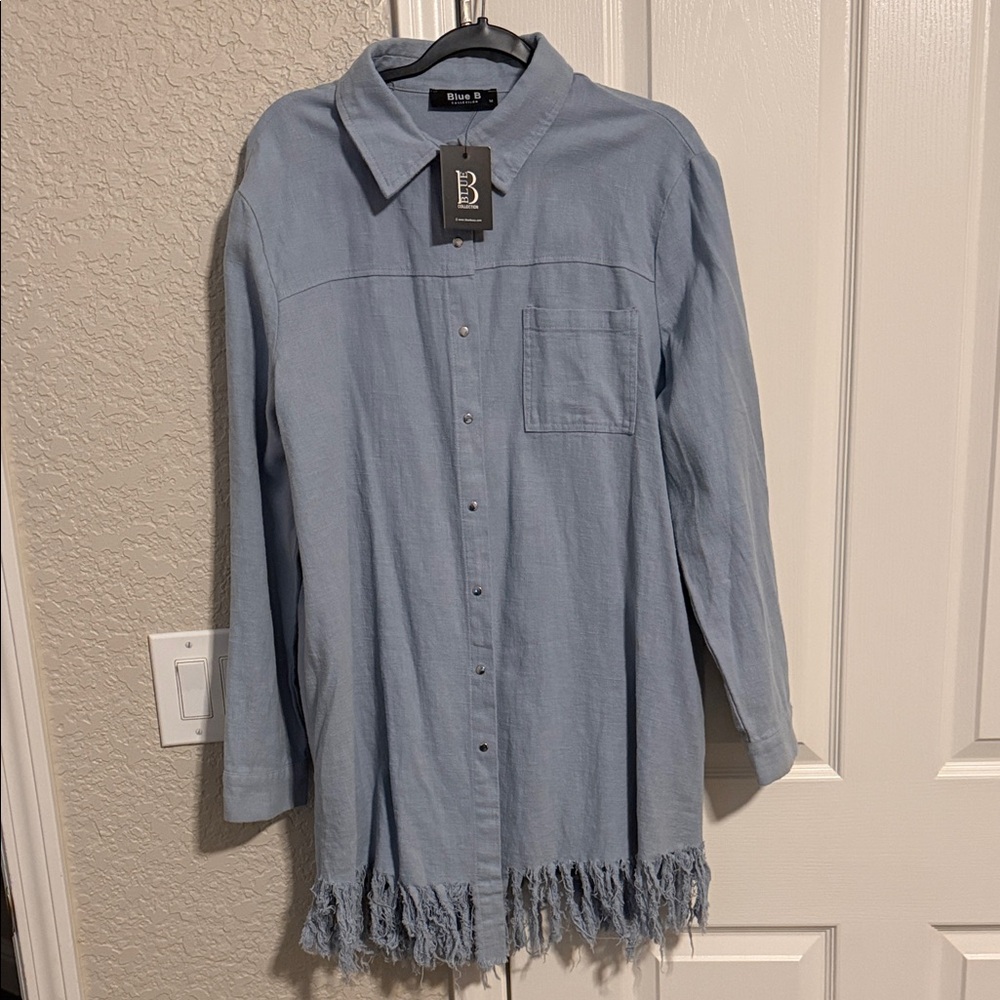 Blue Long Sleeve Dress with Fringe Hem